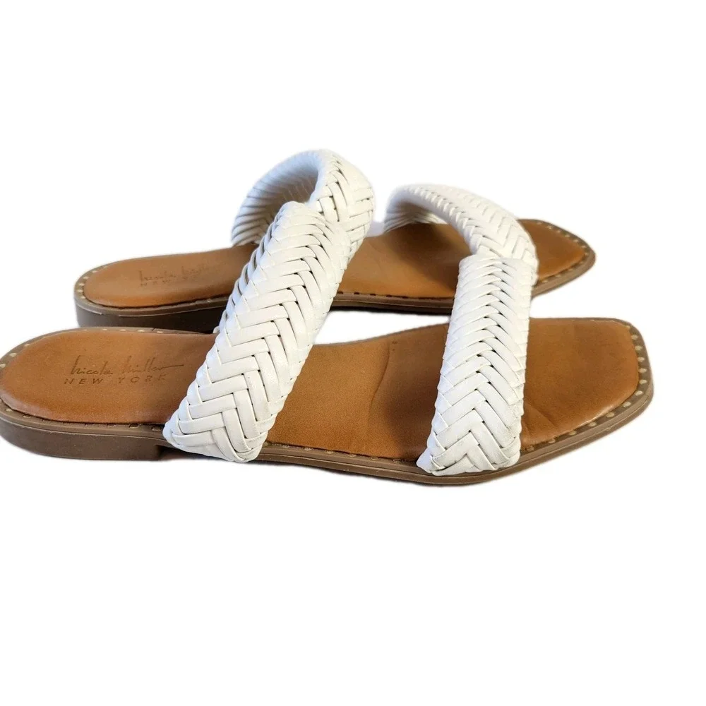 Nicole Miller Oby Double Braided Flat Sandals Womens Size 8.5 White Dress Slides